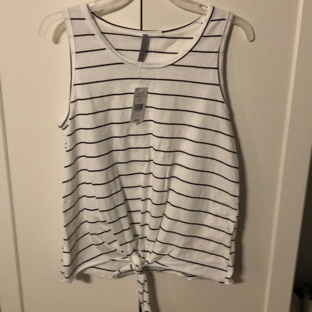 White with black stripe cotton knit tank with knot
